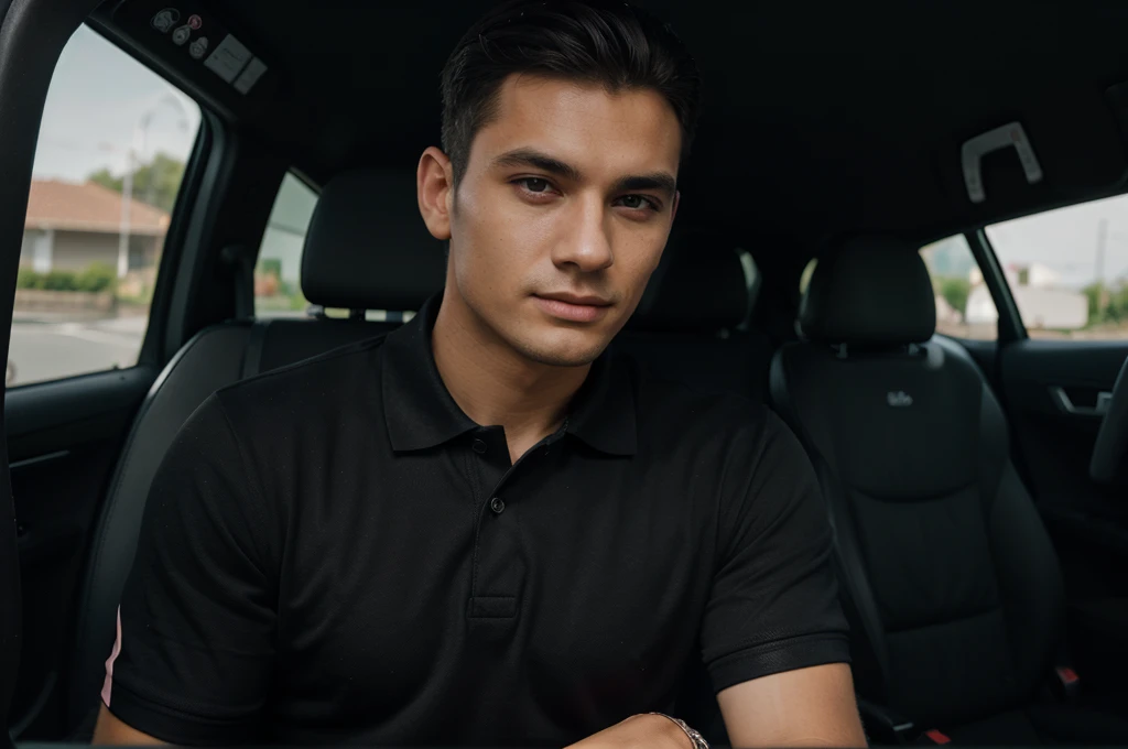 A man wearing black polo t-shirt and id-card , portrait, half photo, hd 8k