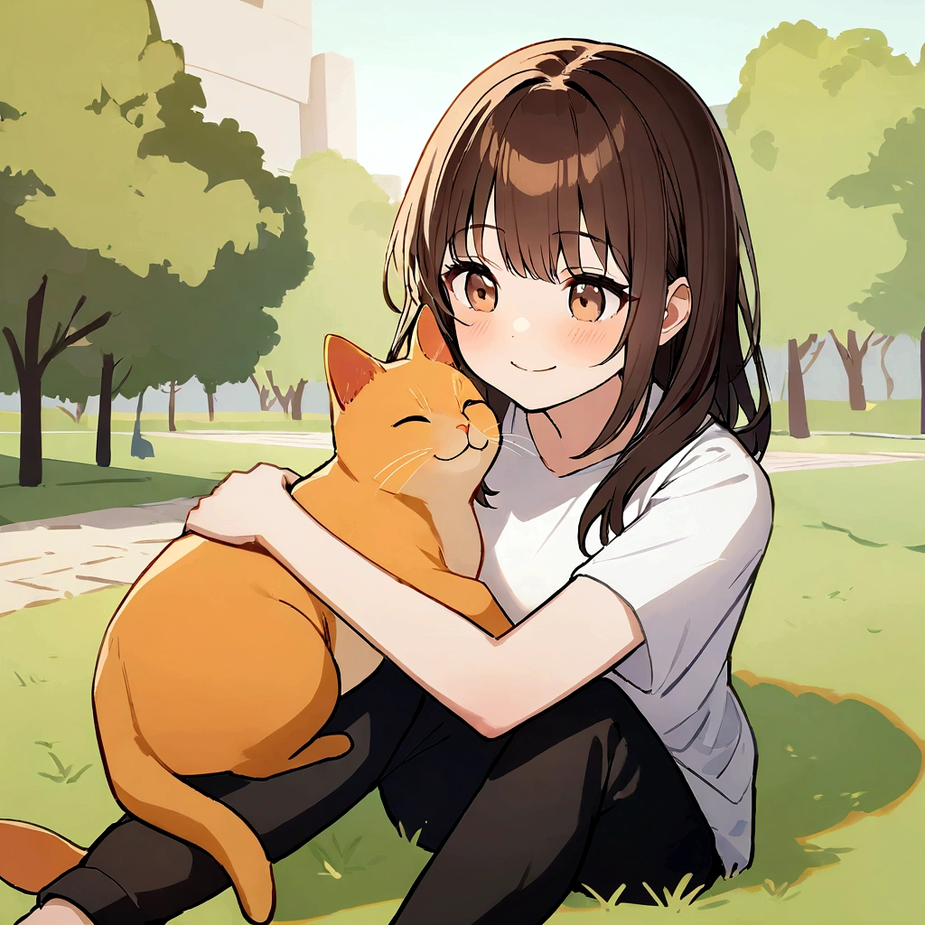 drawing of a girl with long dark brown hair, light brown eyes, with a smiling expression on her face, wearing a white shirt and a black sweatpants, sitting on the grass floor in her legs, she has an orange cat and the girl He is petting a medium-sized white dog with an orange spot on his face, in a park background