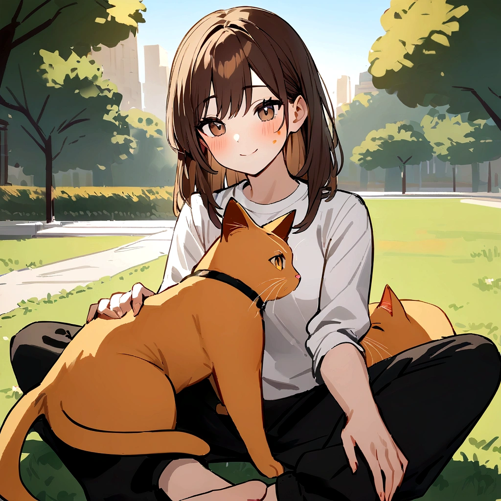 drawing of a girl with long dark brown hair, light brown eyes, with a smiling expression on her face, wearing a white shirt and a black sweatpants, sitting on the grass floor in her legs, she has an orange cat and the girl He is petting a medium-sized white dog with an orange spot on his face, in a park background