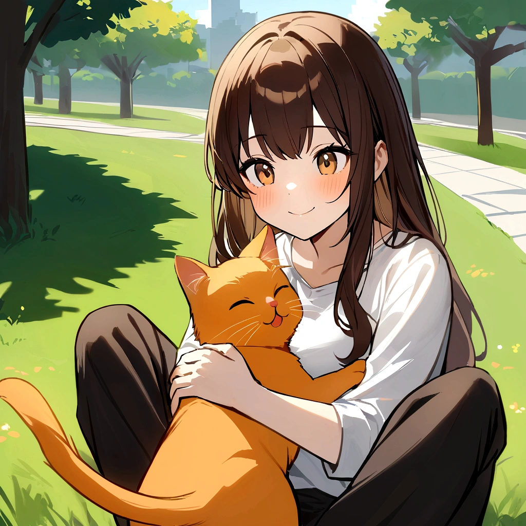 drawing of a girl with long dark brown hair, light brown eyes, with a smiling expression on her face, wearing a white shirt and a black sweatpants, sitting on the grass floor in her legs, she has an orange cat and the girl He is petting a medium-sized white dog with an orange spot on his face, in a park background