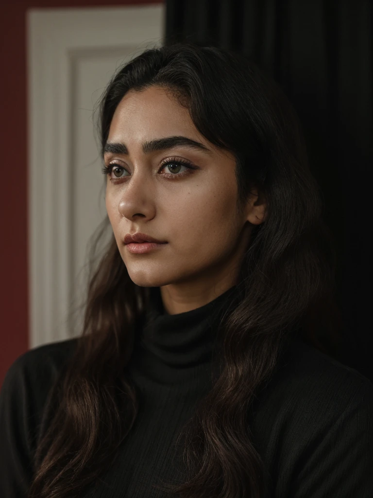 Best quality, masterpiece, ultra high res, (photorealistic:1.5), raw photo, 1 mature Persian girl, black turtleneck shirt, in the dark, deep shadow, low key, cold light, sexy look, black long hair with bangs (((black hair))), green eyes, yin sanpaku eyes, eyeshadow, (((plain red background))), cinematic studio lighting, Golshifteh Farahani
