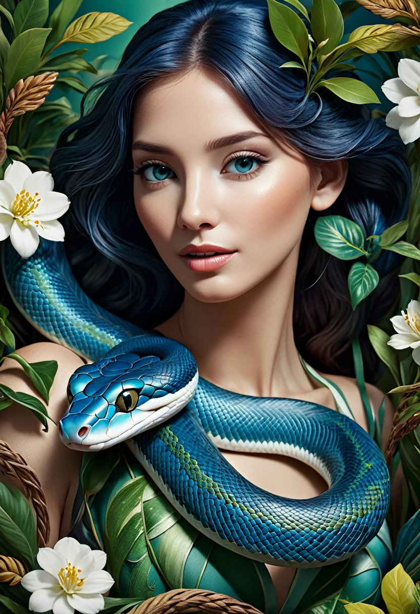 lifelike，Anthropomorphic snakes，Character setting，Delicate face，Ultra-detailed graphics，8K，magazine cover，Floral background decoration，Strong color contrast，Darker color，Blue, green and white