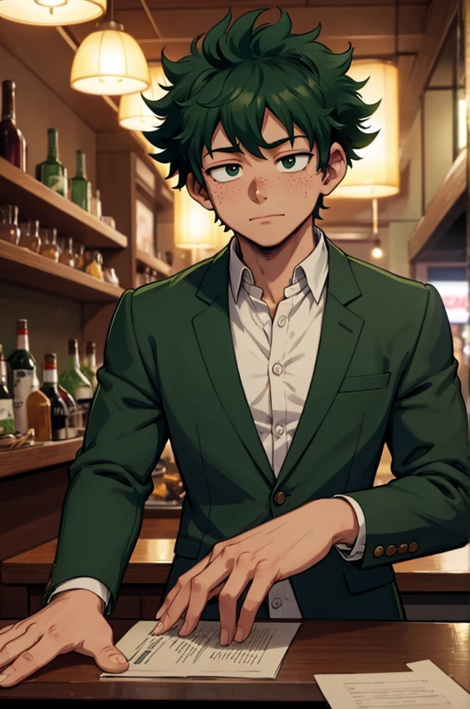 Izuku Midoriya in a dark green suit, sitting at a dimly lit bar counter at night. Messy green hair, freckled face. drinking