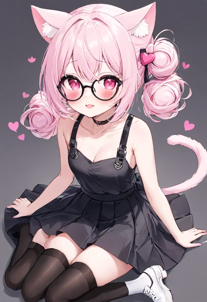 I have white pink hair, cat ears, a bun, my face is super blushing, black glasses, pink heart eyes, a Brazil, a skirt that has black straps, black stockings, white shoes, a cat&#39;s tail, a very girl Shy 