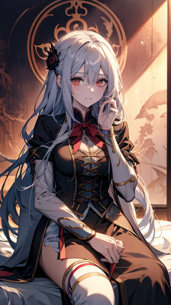 Anime girl with long white hair sitting on a bed in front of a painting, Gap Moe Yandere Grimdark, Anime Style 4k, With eyes that glow red, Devil Anime Girl, Anime Art Wallpapers 8K, Created by Anime Painter Studio, Gothic Maiden Anime Girl, Digital art on pixiv, Nightcore, High quality anime art style, anime art wallpaper 4k