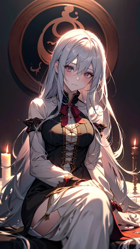 Anime girl with long white hair sitting on a bed in front of a painting, Gap Moe Yandere Grimdark, Anime Style 4k, With eyes that glow red, Devil Anime Girl, Anime Art Wallpapers 8K, Created by Anime Painter Studio, Gothic Maiden Anime Girl, Digital art on pixiv, Nightcore, High quality anime art style, anime art wallpaper 4k