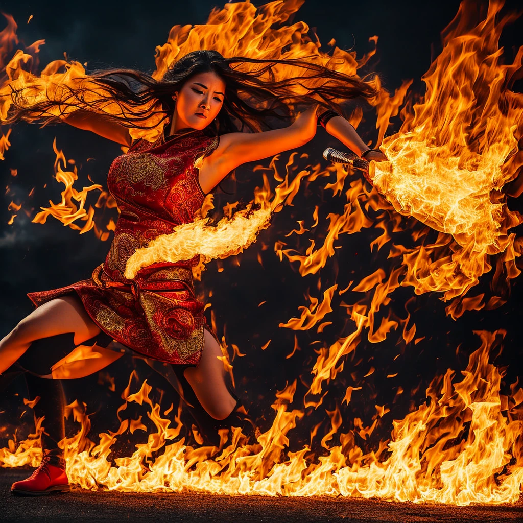 fire female goddess punching the ground