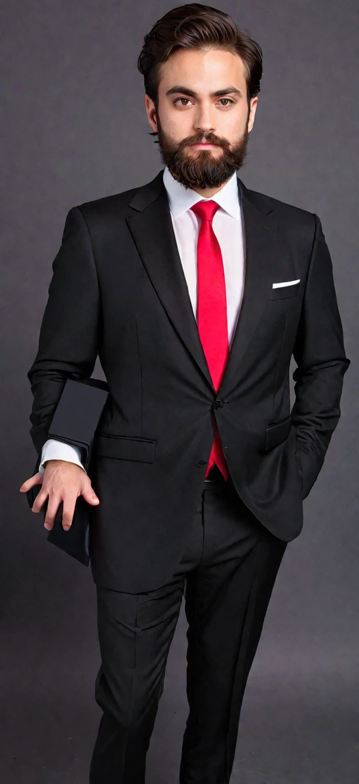 a guy with a beard, wearing a black suit with a red tie (Renan souzones)