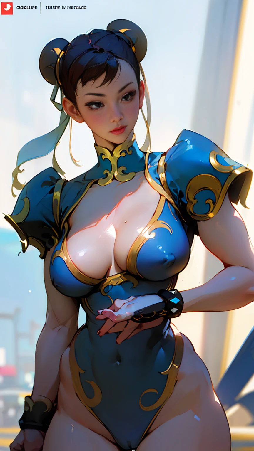 ((Photorealistic, realistic, ultra-detailed, oficial, best quality)), a woman ((beautiful, 18 years old, chun-li, big breasts, sexy girl)) ,blue micro bikini , thick thighs, thighs