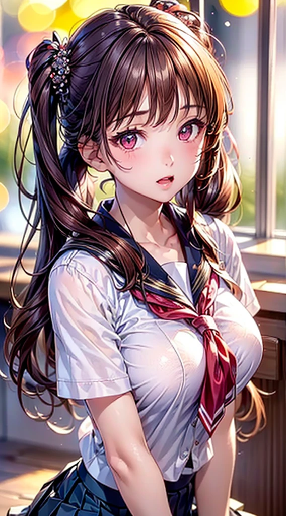 ((1girl in)), (Twintails), Brown hair, Amazing face and eyes, Pink eyes, (amazingly beautiful girl), Brown hair, (hi-school uniform, pleated mini skirt:1.5), ((Best Quality)), (Ultra-detailed), (extremely detailed CG unified 8k wallpaper), Highly detailed, High-definition raw color photos, Professional Photography, (((Bokeh))), depth of fields,