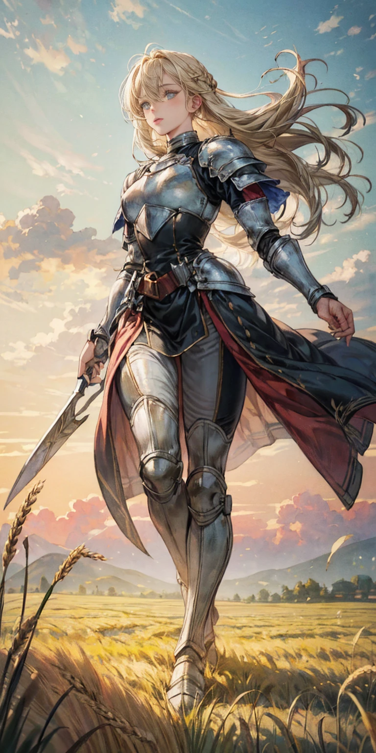 stunning painting of a knight with blonde hair, wheat field, epic clouds ((painterly)) ((impressionist)) vibrant, soft edges (((warm glow))) full body whole body view from below 1sologirl, feet together