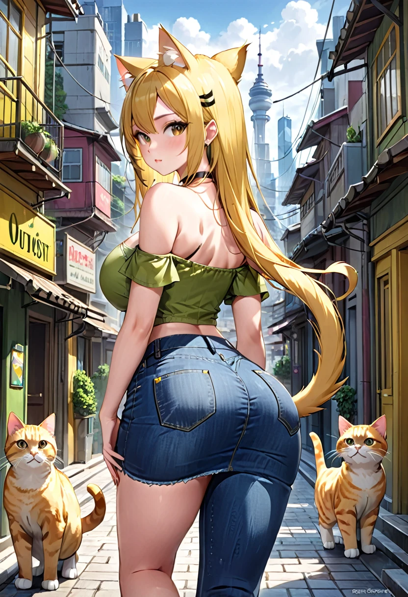 ( straight face picture )) ((best quality)),  ((Masterpiece)), (details), Young woman ,cat ears ,yellow hair , beautiful girl hair , according to green  ,Yellow open-shoulder shirt outfit , jeans skirt , has a tail, big breasts, Big butt,, sexy , Look straight. , outpost ,city
