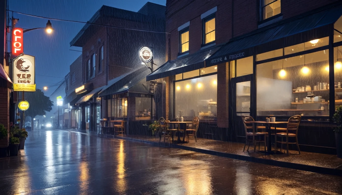 rainy day at night frontal coffee shop shot