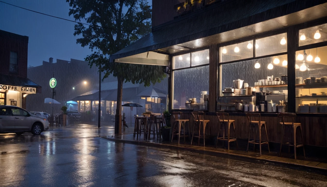 rainy day at night frontal coffee shop shot