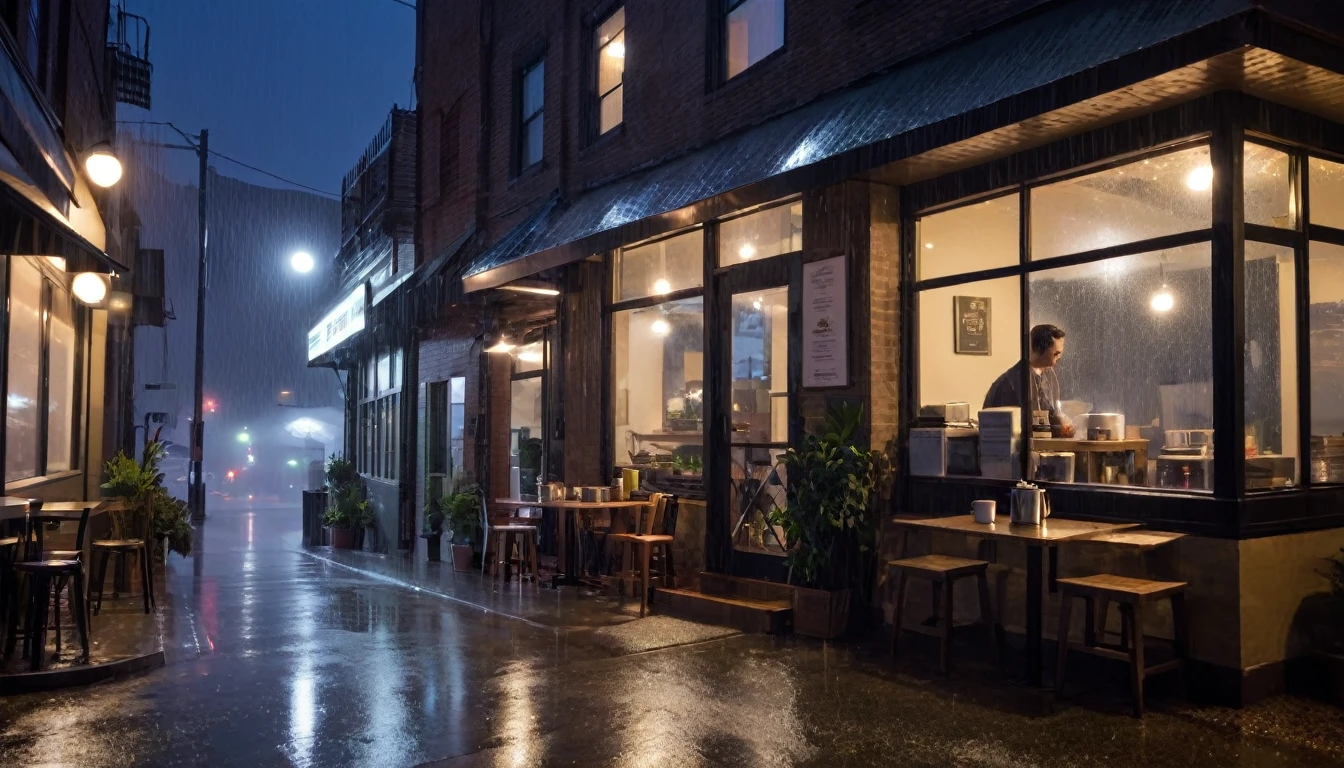 rainy day at night frontal coffee shop shot