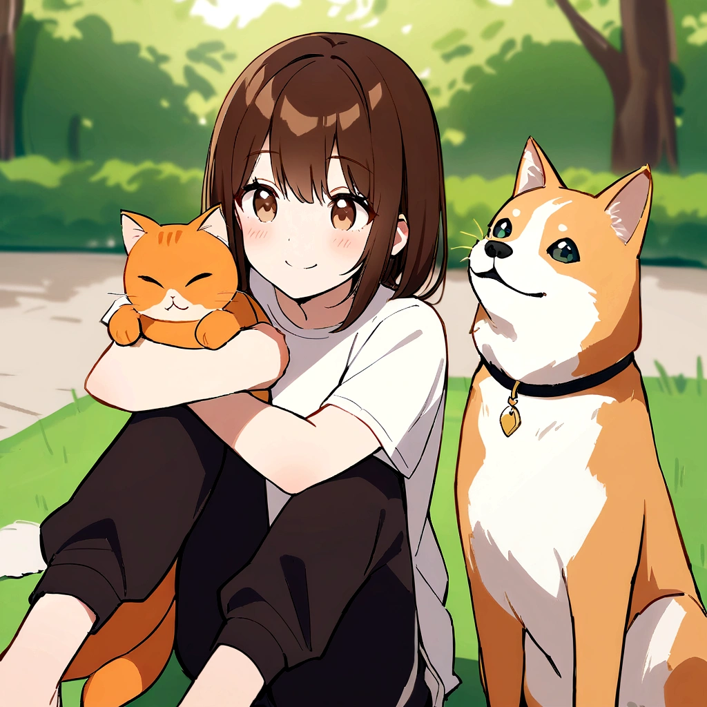 drawing of a girl with long dark brown hair, light brown eyes, with a smiling expression on her face, wearing a white shirt and a black sweatpants, sitting on the grass floor in her legs, she has an orange cat and the girl He is petting a medium-sized white dog with an orange spot on his face, in a park background