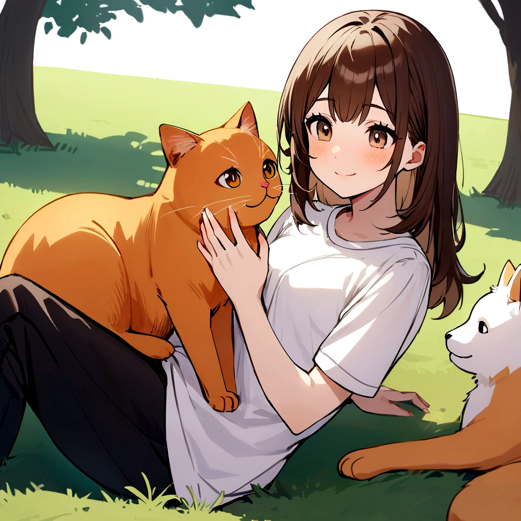 drawing of a girl with long dark brown hair, light brown eyes, with a smiling expression on her face, wearing a white shirt and a black sweatpants, sitting on the grass floor in her legs, she has an orange cat and the girl He is petting a medium-sized white dog with an orange spot on his face, in a park background