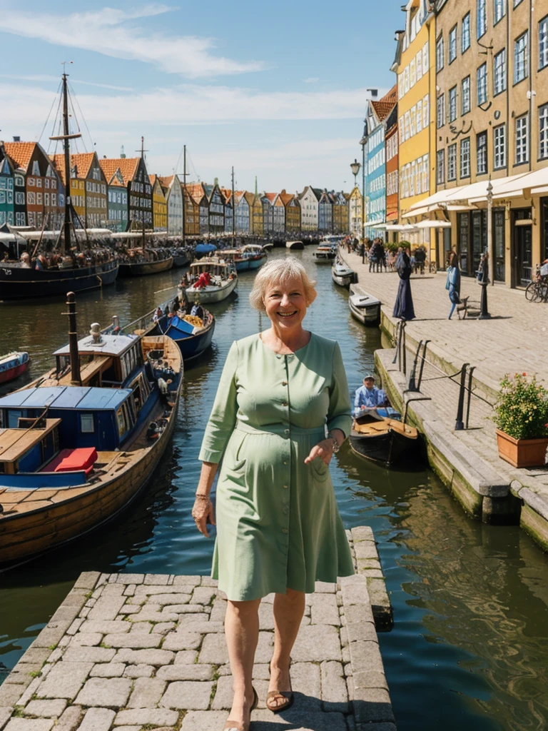 Ellen Burstyn, her name is Lieke, high quality, 1 old woman, ((50-year-old plump dutch woman)), ((55 years old)), (((wrinkled body))), ((((old body)))), milf, ((short hair)), (((no make up))), (pale skin),(large breasts), ((wide hips)), ((thick legs)), POSE: STANDING, ((she is wearing MODEST stylish Generation X wear COLORFUL)), cheerful, happy, BACKGROUND: outdoor: Nyhavn, Copenhagen: Colorful historic buildings lining a canal with old wooden ships docked alongside. Cobblestone streets and bustling outdoor cafes in the background.