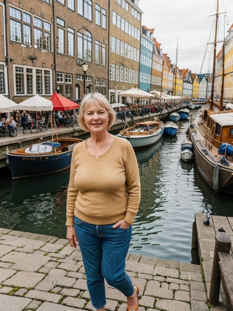 Ellen Burstyn, her name is Lieke, high quality, 1 old woman, ((50-year-old plump dutch woman)), ((55 years old)), (((wrinkled body))), ((((old body)))), milf, ((short hair)), (((no make up))), (pale skin),(large breasts), ((wide hips)), ((thick legs)), POSE: STANDING, ((she is wearing MODEST stylish Generation X wear COLORFUL)), cheerful, happy, BACKGROUND: outdoor: Nyhavn, Copenhagen: Colorful historic buildings lining a canal with old wooden ships docked alongside. Cobblestone streets and bustling outdoor cafes in the background.