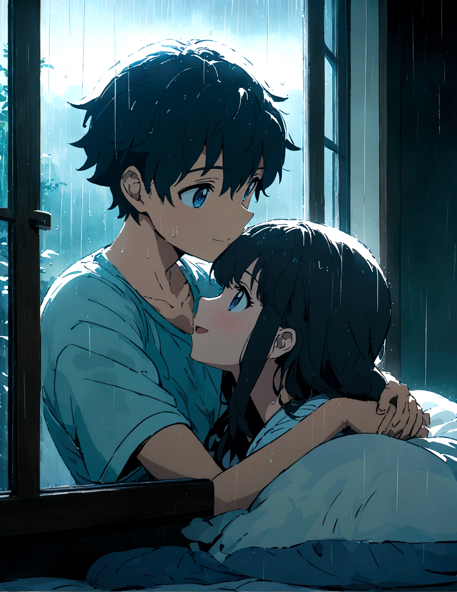 A couple embracing in bed, visible through a window, detailed anime style characters, happy scene, rainy window, 8k, masterpiece, dramatic lighting, romantic, intimate, emotional, soft lighting, warm tones, cozy, gentle, tender,2boys,venti,zhongli,eye contact,looking at each other,hires,size_difference,flat chest