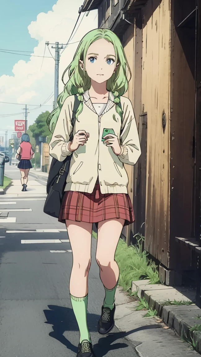 Volume hair, soft hair, emerald green hair and pink inner color, Hair as fluffy as a cloud, wavy hair, gradation hair, green hair, side braids, wavy hair, two side up, cloud hair, emerald green eyes, high school girl, Cheerful and active, blonde clip, loose socks, plaid skirt, holding smartphone, on the street, (best) quality, 4K, 8K, high resolution, masterpiece: 1.2), ultra-definition, bright colors, soft lighting
