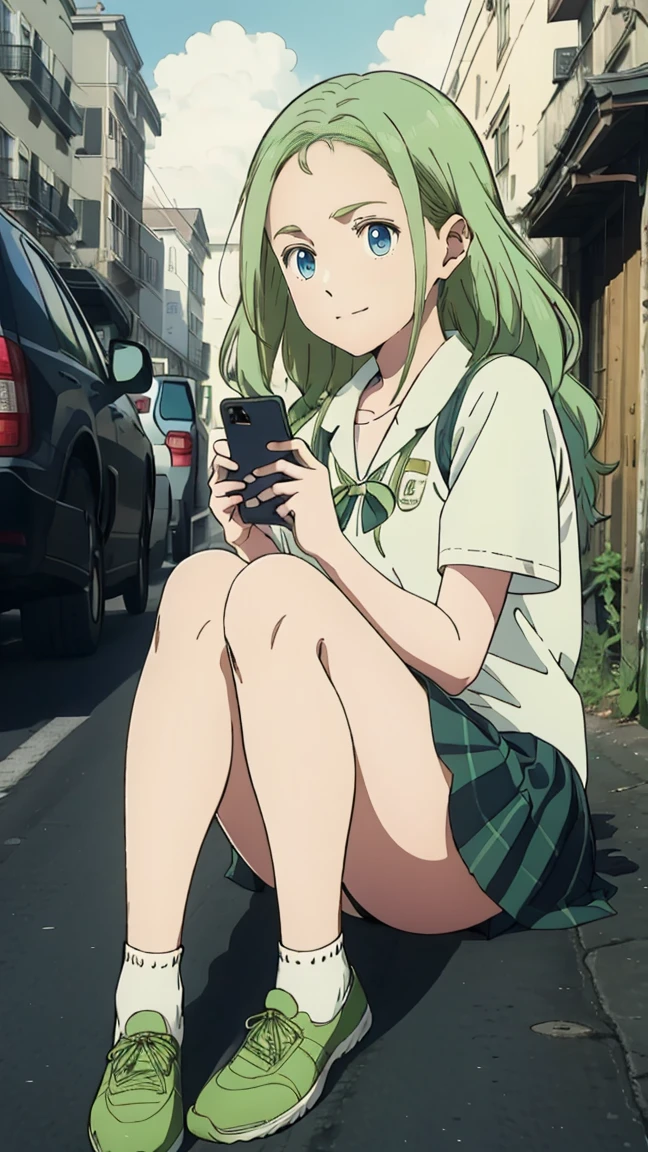 Volume hair, soft hair, emerald green hair and pink inner color, Hair as fluffy as a cloud, wavy hair, gradation hair, green hair, side braids, wavy hair, two side up, cloud hair, emerald green eyes, high school girl, Cheerful and active, blonde clip, loose socks, plaid skirt, holding smartphone, on the street, (best) quality, 4K, 8K, high resolution, masterpiece: 1.2), ultra-definition, bright colors, soft lighting