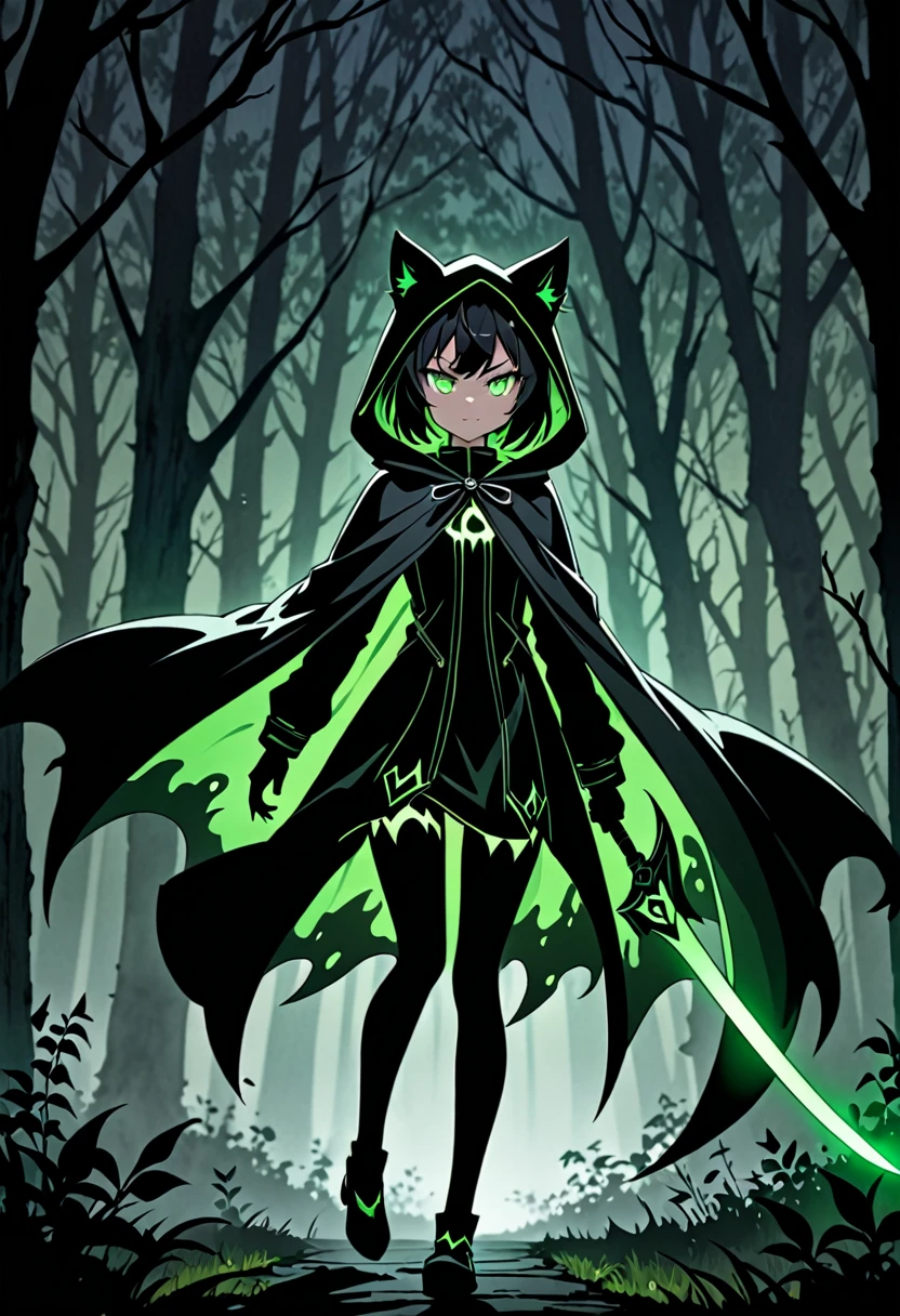 8K Ultra High-Quality, ultra-detailed, High quality, Black hair, short hair, cat girl, glowing green eyes, menacing aura, smug face, flat chest, black hooded coat, Large black Scythe, shadow figure, cape flying in the wind, night time, dark forest background, foggy background, full body