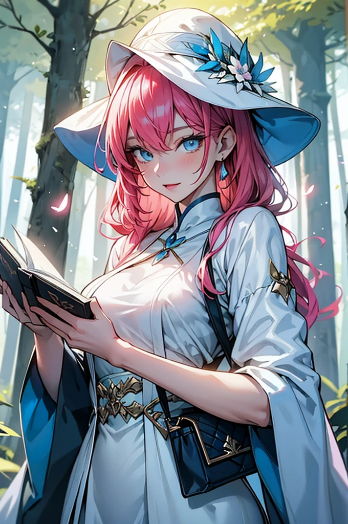 Create a detailed image of an Asian woman with blue eyes and big pink hair. She has pale skin and wears a white dress.. The woman is in a forest, and behind it appears a translucent yellow magic symbol. In one of your hands, she holds a magic book.