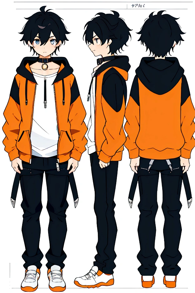 (CHARACTERSHEET:1) (MULTIPLE VIEWS FULL BODY, UPPER BODY REFERENCE SHEET:1), ,17 old years boy, high , tie, (only top), orange hoodie, Hoodie zipper closed, (collar a little loose), pants, black hair, straight hair, hair between eyes, slightly wavy hair, white shoes, light blue eyes