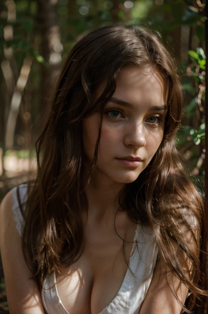 8k, highest quality, tabletop:1.2, (realistic, photorealistic:1.37), highest quality, beautiful young woman, pensive expression, gentle eyes, shy, long hair, disheveled mood, forrest background, fair skin tone