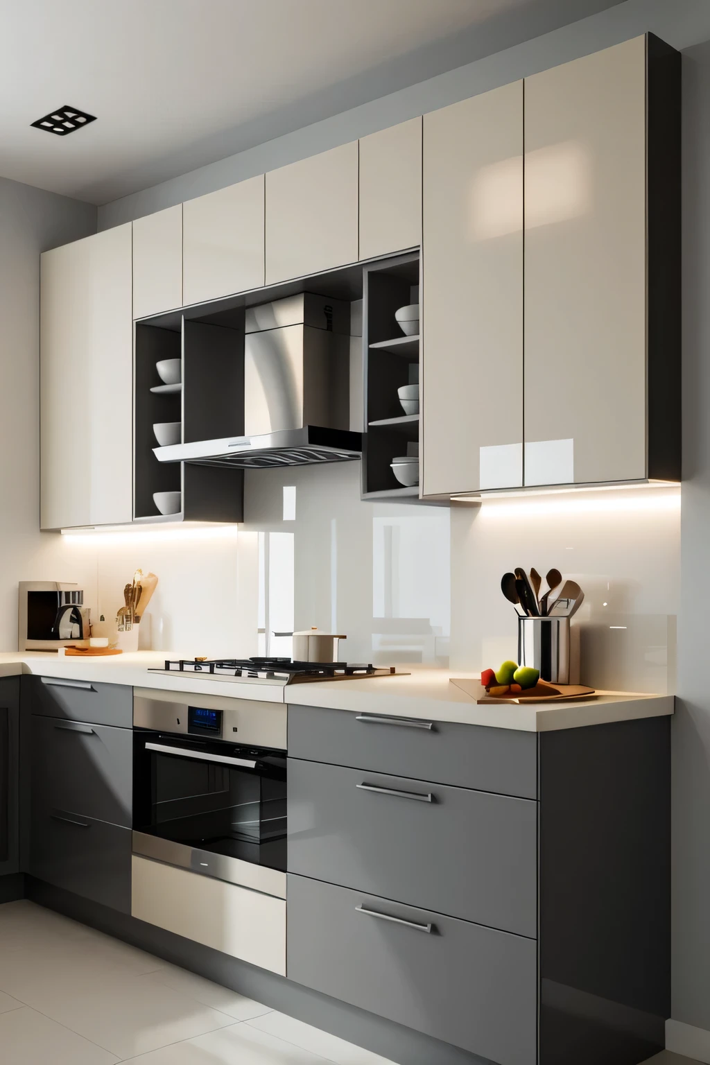 Professional 3d architecture rendering design of modern and minimal kitchen with light mink gray color and thunder gray color and light cream color and black color and light Nescafé color