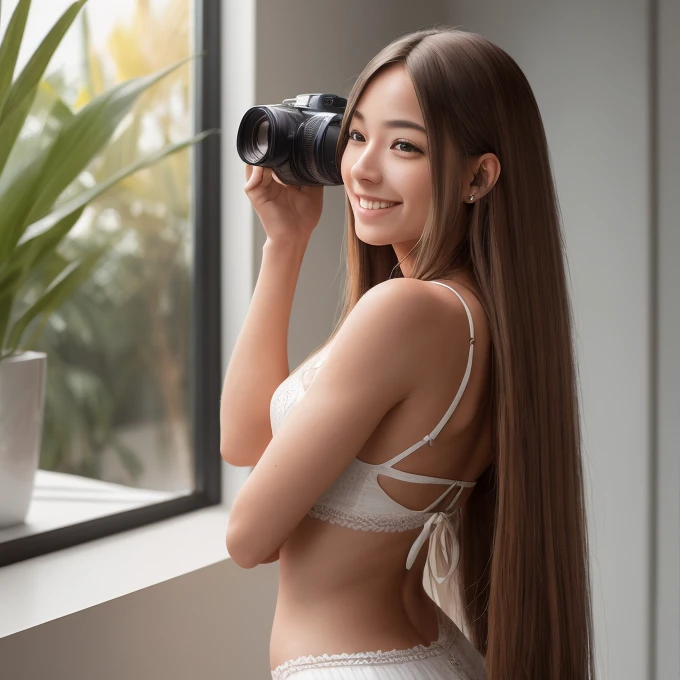 A woman taking a photo, smile, Happy, Long hair that goes up to the buttocks, Straight hair, Detailed skin, Daytime, Hot summer day, Natural light, Detailed face:1.2, Sharp focus, Hasselblad Photos, Tabletop, light makeup, Cinema Lighting, 4K, Highest quality、Beautiful Hair