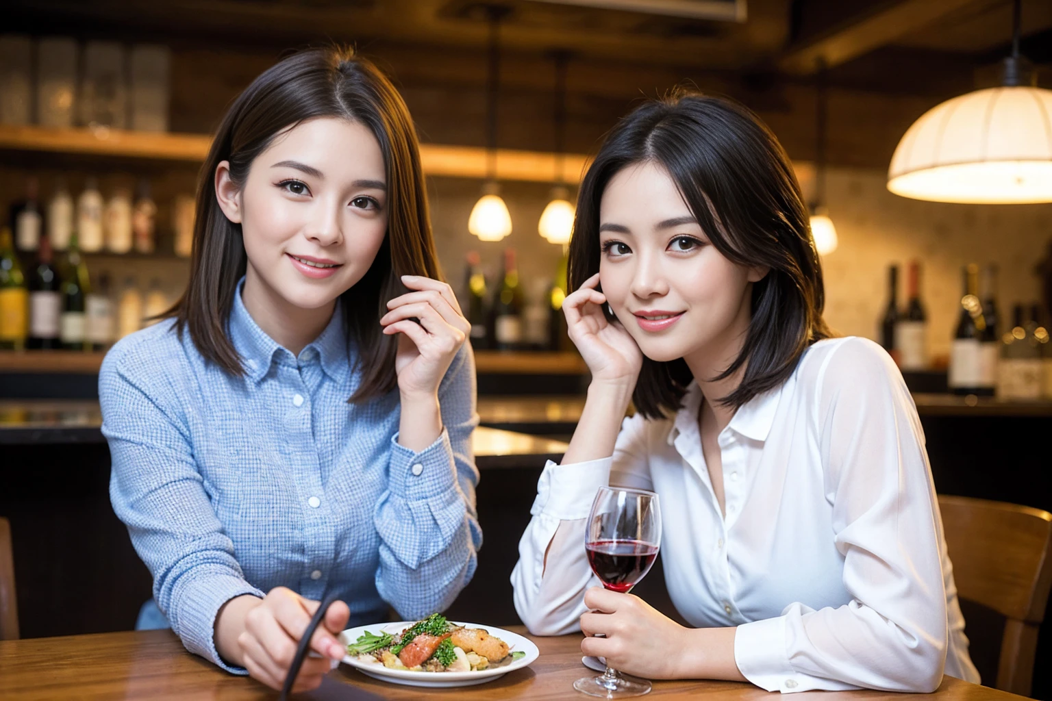 ((Highest quality、8K、masterpiece:1.3))、Yuuko Araki、slimカップル、ピンクmodelカップル、(Realistic, Intricate details:1.2), full-course dinner、Wine Party、Amazing view of the sunset sky and clouds、A bright smile、The wonderfulness of smile、Bright image、The beauty of wine, Beautiful Face, blue eyes, The light shines on your face, Blushing, short hair,Bright Face、42 years old,45 years old, red wine 、Appetizers、Italian food、Wine bottle、Champagne、sparkling wine、Two beauties、Brown Hair、Shortcuts、Long sleeve shirt、dress、Beautiful woman 1, (slimな顔), (The body is slim), (Brown Hair), (Shortcuts), cheeks turn a little red,Attractive beauty、restaurant, In a prominent place (From the waist up) Nova Frog Style, actress, model, Upper Body, White wine, slim, wine glass, 中央に置かれたwine glass, smile, (smile: 1.15), Beautiful fine grain, Depth f/2,saturation, High Contrast, Strong light and shadow,Moist Body:1.5、3D texture、Delicate eyes、Brown Hair、The hair is very shiny、