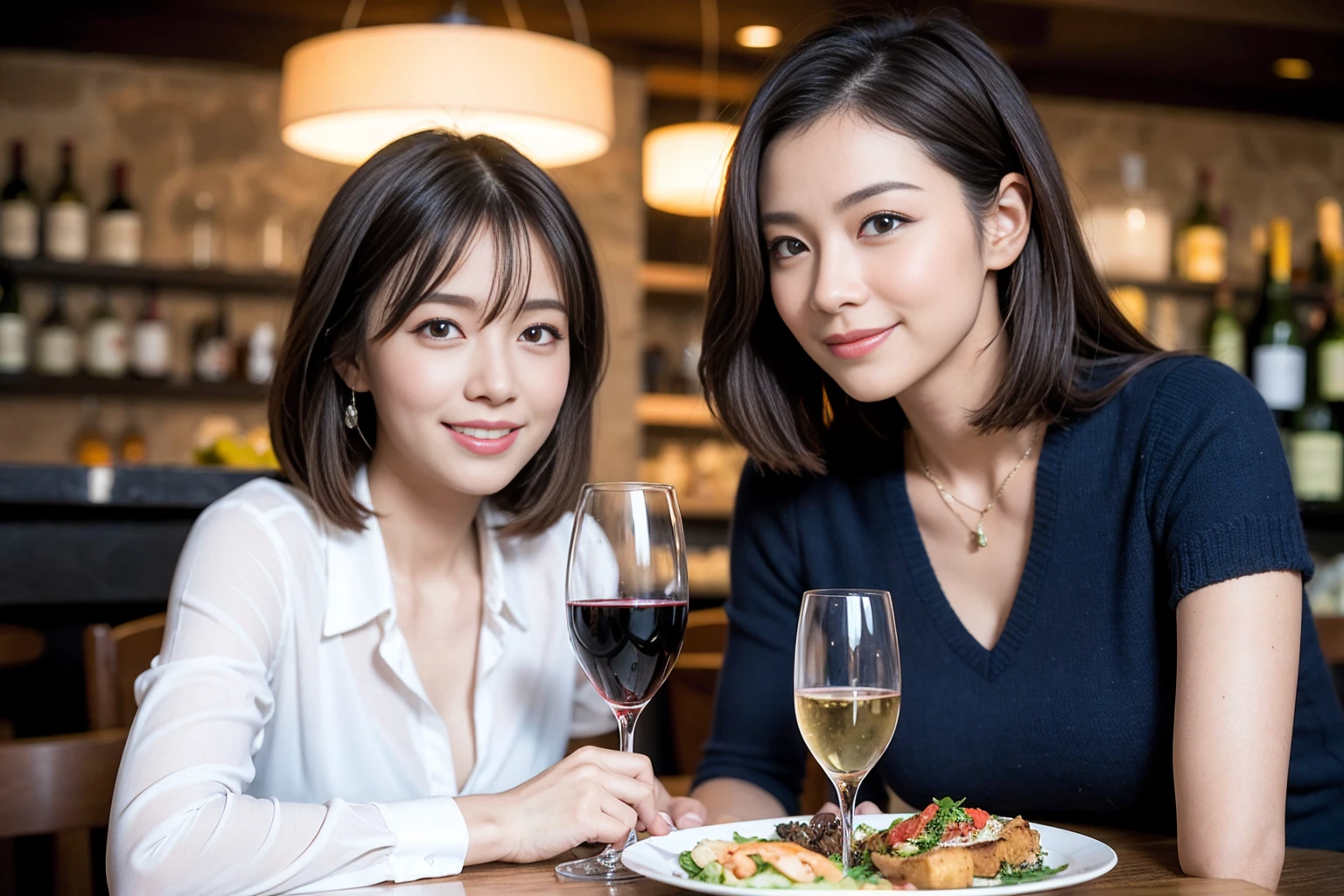 ((Highest quality、8K、masterpiece:1.3))、Yuuko Araki、slimカップル、ピンクmodelカップル、(Realistic, Intricate details:1.2), full-course dinner、Wine Party、Amazing view of the sunset sky and clouds、A bright smile、The wonderfulness of smile、Bright image、The beauty of wine, Beautiful Face, blue eyes, The light shines on your face, Blushing, short hair,Bright Face、42 years old,45 years old, red wine 、Appetizers、Italian food、Wine bottle、Champagne、sparkling wine、Two beauties、Brown Hair、Shortcuts、Long sleeve shirt、dress、Beautiful woman 1, (slimな顔), (The body is slim), (Brown Hair), (Shortcuts), cheeks turn a little red,Attractive beauty、restaurant, In a prominent place (From the waist up) Nova Frog Style, actress, model, Upper Body, White wine, slim, wine glass, 中央に置かれたwine glass, smile, (smile: 1.15), Beautiful fine grain, Depth f/2,saturation, High Contrast, Strong light and shadow,Moist Body:1.5、3D texture、Delicate eyes、Brown Hair、The hair is very shiny、