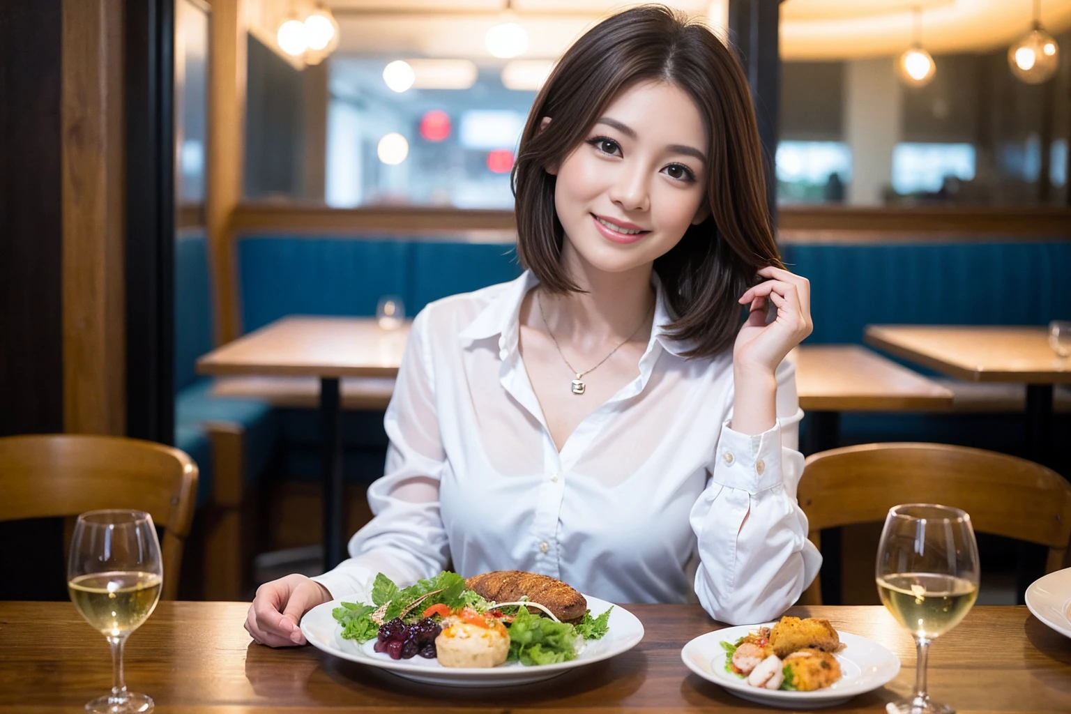 ((Highest quality、8K、masterpiece:1.3))、Yuuko Araki、slimカップル、ピンクmodelカップル、(Realistic, Intricate details:1.2), full-course dinner、Wine Party、Amazing view of the sunset sky and clouds、A bright smile、The wonderfulness of smile、Bright image、The beauty of wine, Beautiful Face, blue eyes, The light shines on your face, Blushing, short hair,Bright Face、42 years old,45 years old, red wine 、Appetizers、Italian food、Wine bottle、Champagne、sparkling wine、Two beauties、Brown Hair、Shortcuts、Long sleeve shirt、dress、Beautiful woman 1, (slimな顔), (The body is slim), (Brown Hair), (Shortcuts), cheeks turn a little red,Attractive beauty、restaurant, In a prominent place (From the waist up) Nova Frog Style, actress, model, Upper Body, White wine, slim, wine glass, 中央に置かれたwine glass, smile, (smile: 1.15), Beautiful fine grain, Depth f/2,saturation, High Contrast, Strong light and shadow,Moist Body:1.5、3D texture、Delicate eyes、Brown Hair、The hair is very shiny、