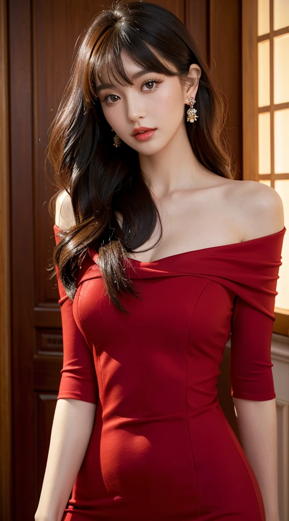 beautiful woman, asian woman, europian, europe woman, masterpiece, best quality, ultra detailed, (photorealistic:1.5), in the dark, deep shadow, low key, cold light, sexy look, red light, shiny eyes, detailed face, full body, detailed body, wearing earrings, beautiful eyes, hazel eyes, red lipstick, makeup, detailed eyeshadows, detailed eyelashes, brown hair, wispy fringe bangs haircut, (attractive:1.6), sharp focus, seductive eyes, (long hair:1.3), (wavy hair:1.2), red off shoulder bodycon dress, red silk dress, elegance, elegant looks (beautiful:1.6)