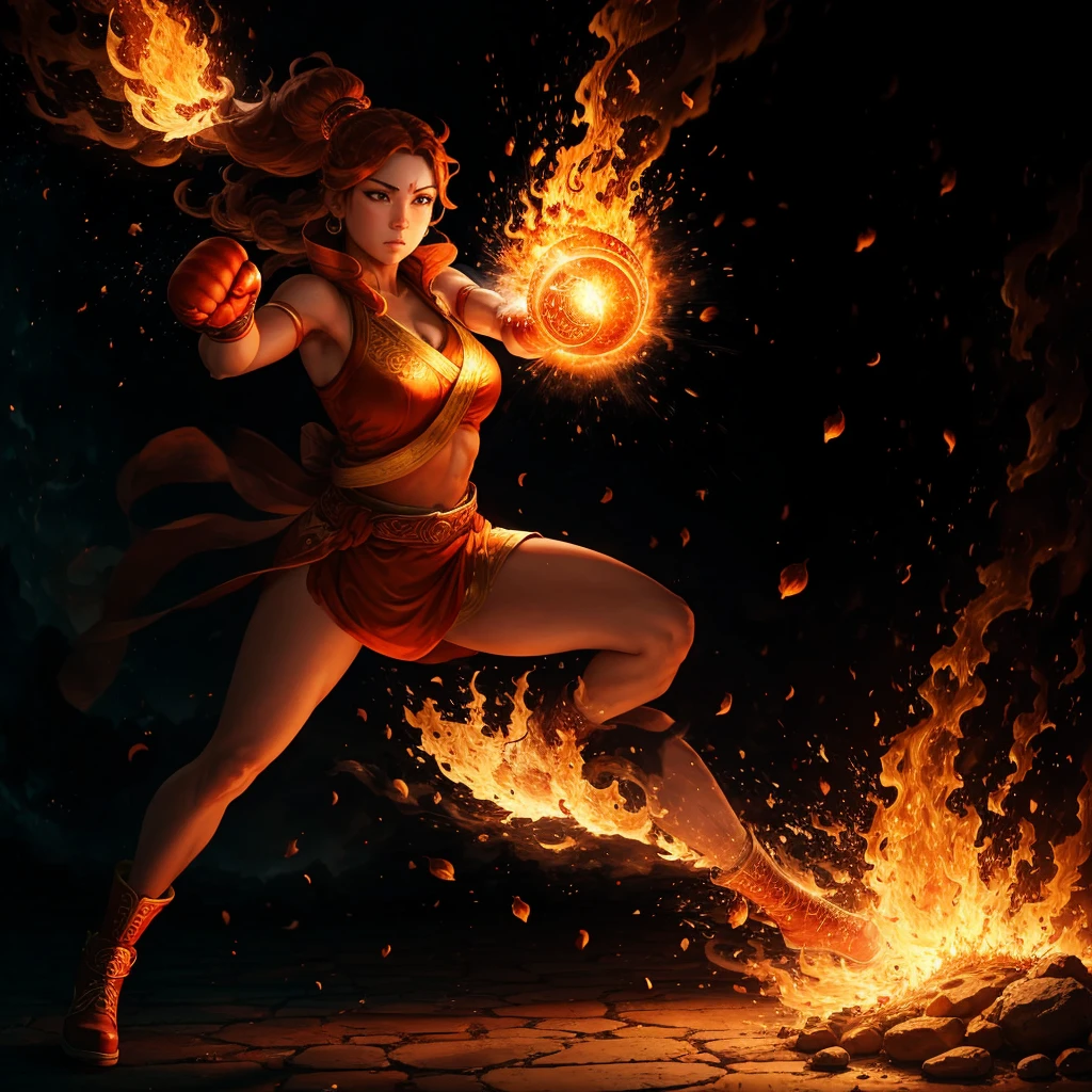 fire female goddess punching the ground