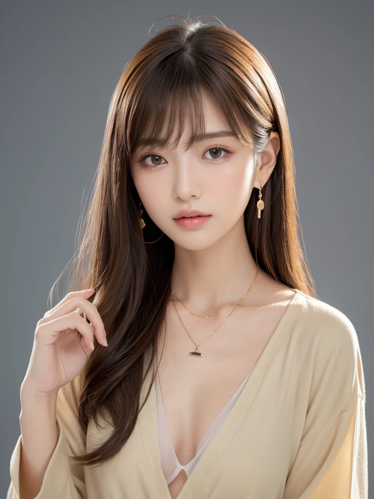 ((Highest quality, 8K, masterpiece:1.3)), concentrate: 1.2, Perfect body beauty: 1.4, Hips: 1.2, ((Long Hair, chest: 1.2)), (Dry clothes: 1.1) , (clear, Simple Background:1.3), Simple clothes: 1.1, Highly detailed face and skin texture,Delicate eyes, double eyelid, Whitened skin, Rough skin、Long Hair、Earrings with bangs、necklace、 solo、Beige coat、White shirt, (((Beautiful girl with cute Japan)))、 ((Beautiful Japanese girl 20 years old))、 ((Baby Face))、 (((Slender body)))、 Upper Body,Face focus、necklace,Simple Background,From above, Realistic Hair、 A photograph was taken:Canon EOS R6、135mm、1/1250 seconds、f2.8、ISO400、(Detailed explanation of the hand)、(Masseter muscle area)、(Exquisite CG)、Long Hair, loose and curly hair、Korean Hair、Long Hair明るいベージュ色、グラデーションハイライトグレージュのゆるふわLong Hairスタイル、