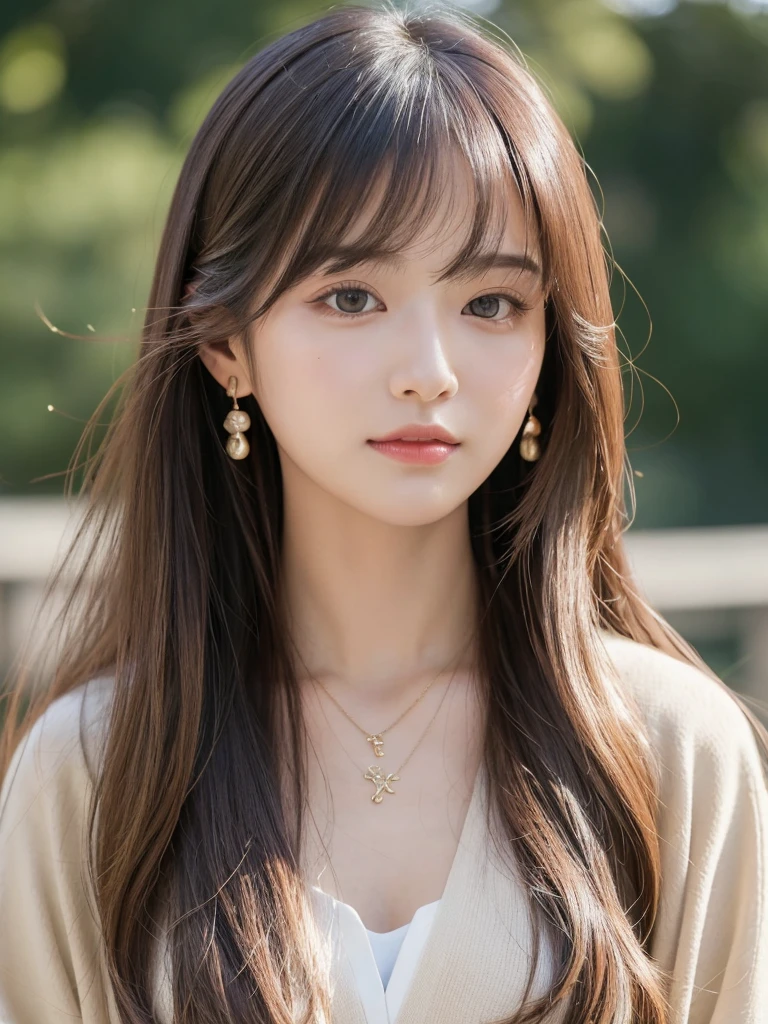 ((Highest quality, 8K, masterpiece:1.3)), concentrate: 1.2, Perfect body beauty: 1.4, Hips: 1.2, ((Long Hair, chest: 1.2)), (Dry clothes: 1.1) , (clear, Simple Background:1.3), Simple clothes: 1.1, Highly detailed face and skin texture,Delicate eyes, double eyelid, Whitened skin, Rough skin、Long Hair、Earrings with bangs、necklace、 solo、Beige coat、White shirt, (((Beautiful girl with cute Japan)))、 ((Beautiful Japanese girl 20 years old))、 ((Baby Face))、 (((Slender body)))、 Upper Body,Face focus、necklace,Simple Background,From above, Realistic Hair、 A photograph was taken:Canon EOS R6、135mm、1/1250 seconds、f2.8、ISO400、(Detailed explanation of the hand)、(Masseter muscle area)、(Exquisite CG)、Long Hair, loose and curly hair、Korean Hair、Long Hair明るいベージュ色、グラデーションハイライトグレージュのゆるふわLong Hairスタイル、