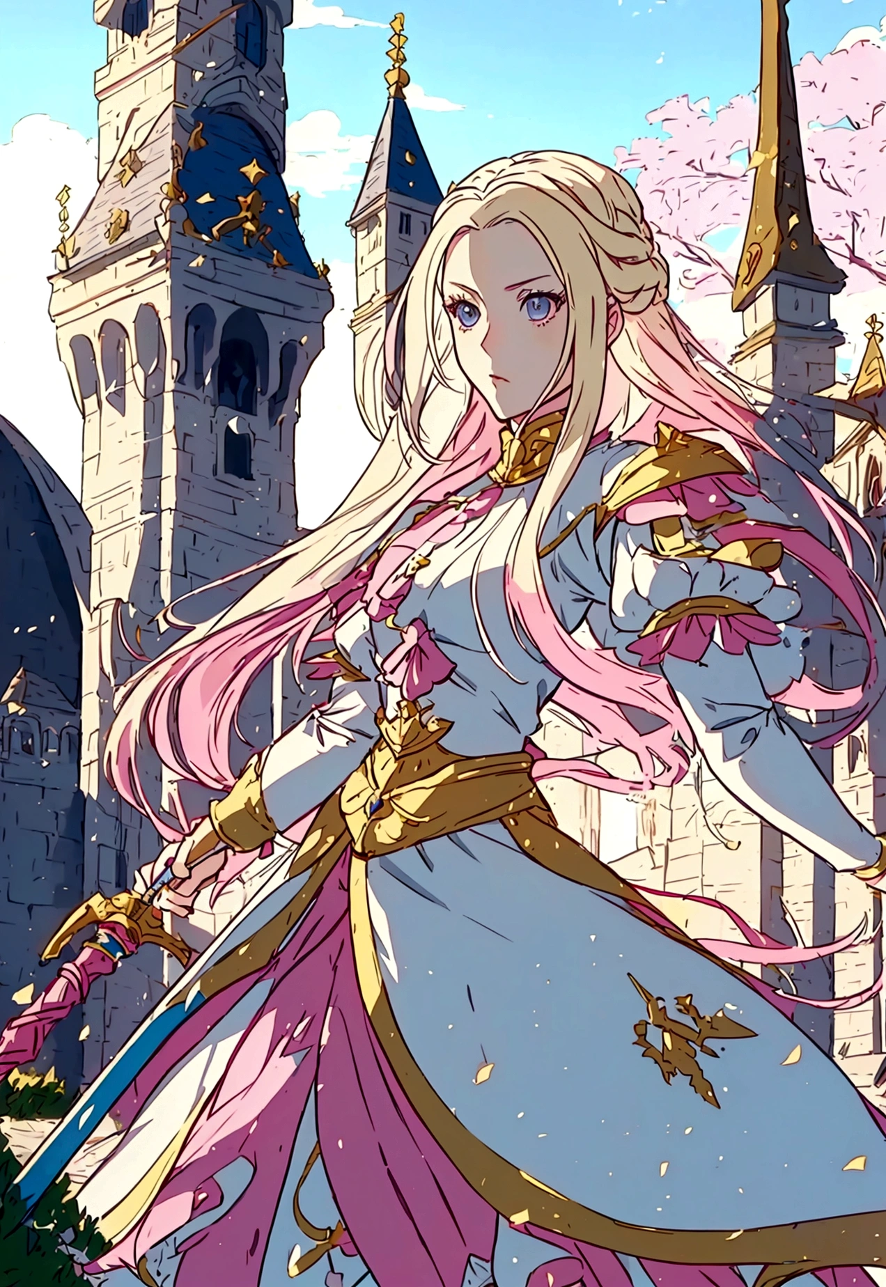 anime styling, best qualityer, White girl, long  hair, blonde hair with pink shine, princesselise, dress in colors: offwhite, pink and gold, holding a rapier, tails, Medieval theme, castle background scenery, blue colored eyes, facefocus
