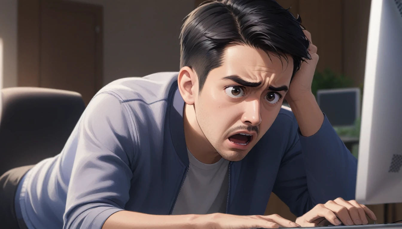 a man looking on his computer with a desperate look  