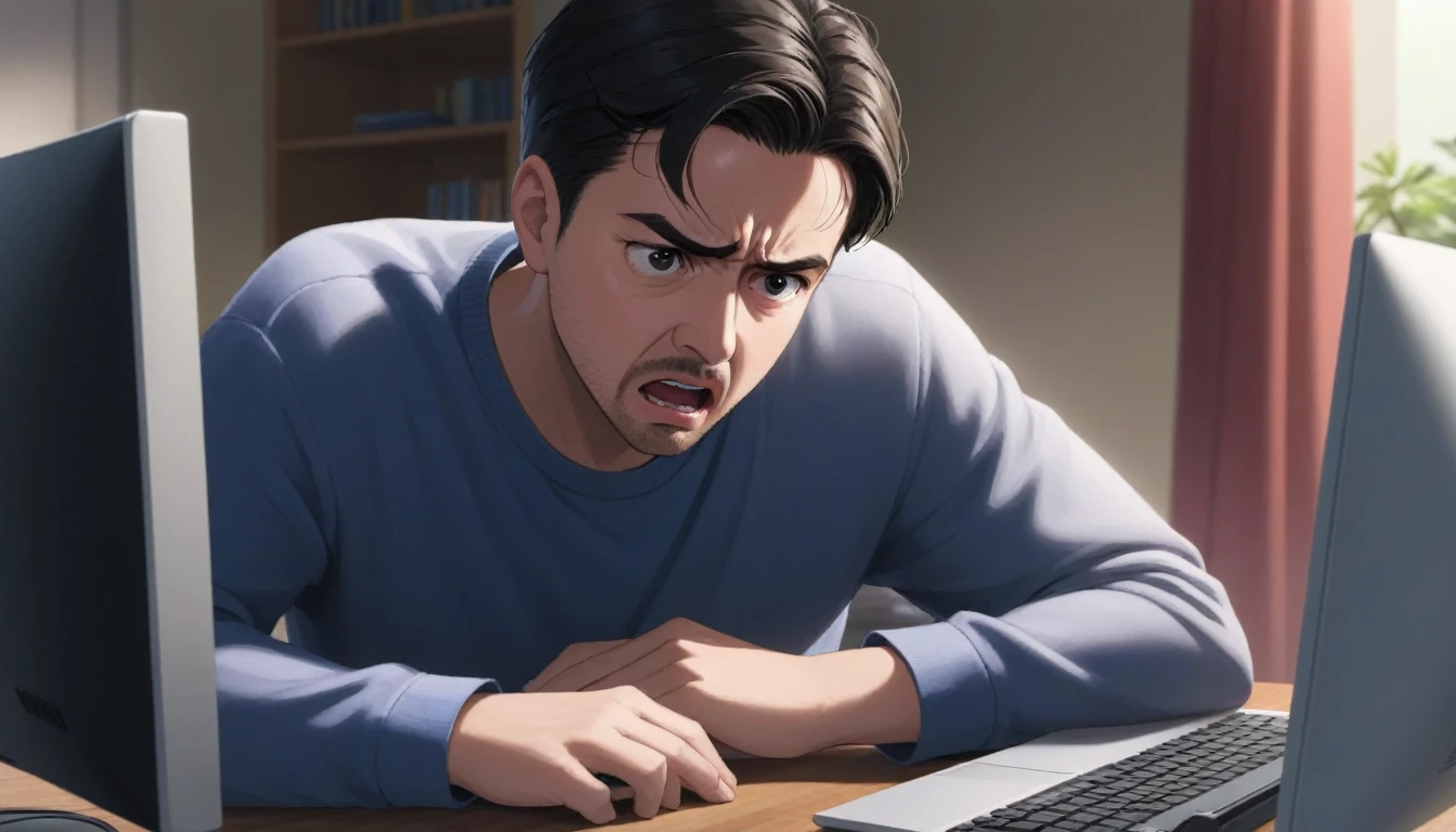 a man looking on his computer with a desperate look  