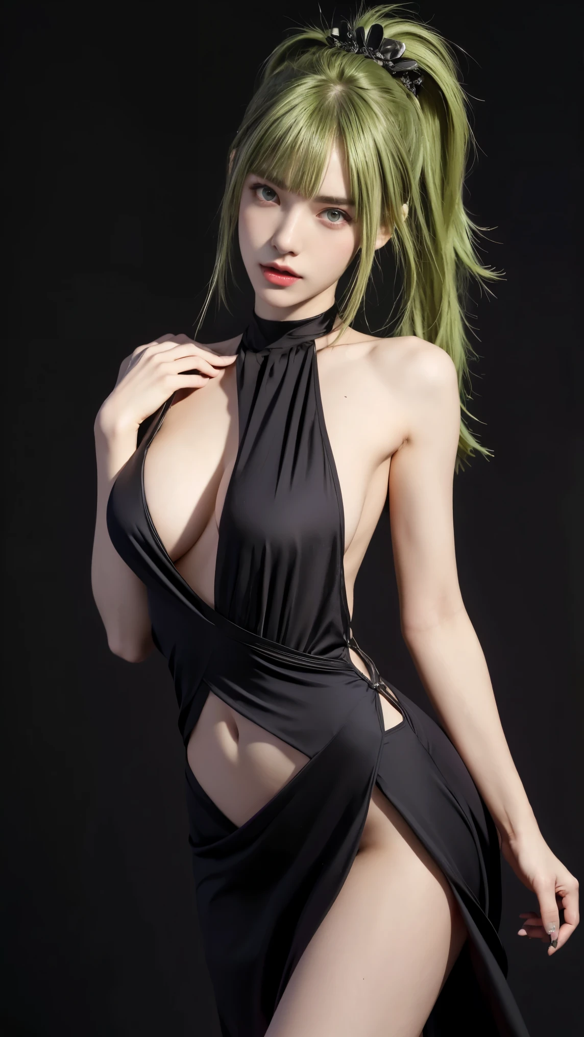 8K, Top Quality, Intricate Details, Ultra Detail, Ultra High Resolution, Masterpiece, close up shot, (full body: 1.1), Slender, Smile, (Makeup: 0.4), (walking), (Fluffy Eyes: 1.21), ((bangs)), 1girl, solo, 1 girl, (((purple eyes, green hair, bangs, long hair, high ponytail , )), (()), close up shot, , ((tall)), (((fit body))), (((slim face))), sharp face, (( any dress)) , (detailed face), sharp face, small lips, ( walking), walk pose, walking pose,
((,, )), , ((,)), detailed face, detailed breast, large breast, huge breast, (( )), detail ass, Narrow Waist, Skinny, tall , 175 cm tall, Muscular, Navel, Exposed Abdomen, Pointed Chest,, Beautiful girl with accentuated slender abs: 1.4, Six Pack Abs: 1.4,, Perfect Body, detail leg, (( dark background)), black background,
