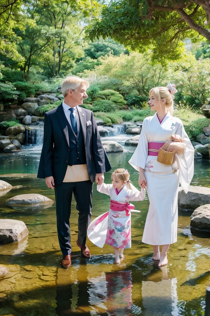 ,White people,kimono,Mermaid Skirt,Fluttering,Frills,4 people,luxury,whole body,2 children,family,Blonde,Side by side,father,