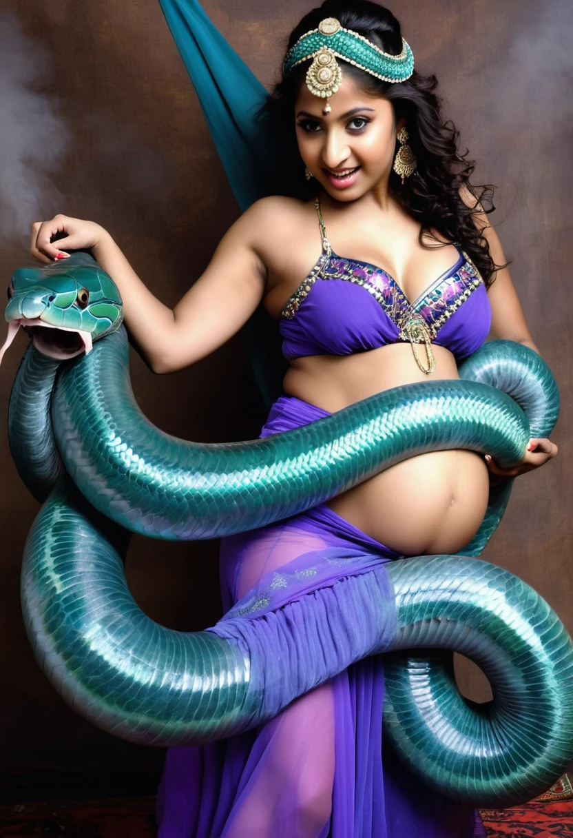 Pregnant Happy Horny, aroused 1girl), beautiful Indian young belly dancer with giant colossal Kaa monster squeezing her hard, wrapped in thick spiraling coils, constricted, struggle, gasping for air, snake attack, snake peril,