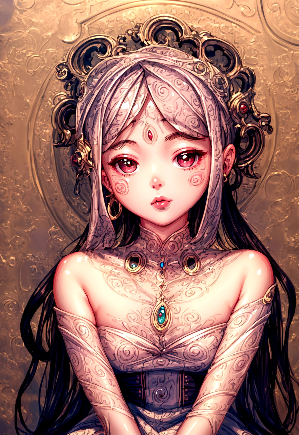 ((highest quality)),(ultra high resolution),(Super detailed),(detailed description),((best CG)),(best work of art),super precision art, great drawing art,(Art with precise details:1.5), (ung girl:1.5), beautiful and well-shaped face:1.5,(Beautiful skin with precise and detailed depiction:1.6),(Frilly gothic dress ),gorgeous, masterpiece, best quality, high-resolution, finely detailed, extremely detailed and beautiful, distinct-image, 1 girl, 16 year old teen, solo, soft facial features, symmetrical shaped face. plump cherry red lips, lightly tanned white skin. red and white-colored eyes, F-cup breasts, short height(150cm), plump short stack body type, waist length pink-white hair, small narrow waist, long and slender legs, curvy wide hips, elegant gothic courtyard setting