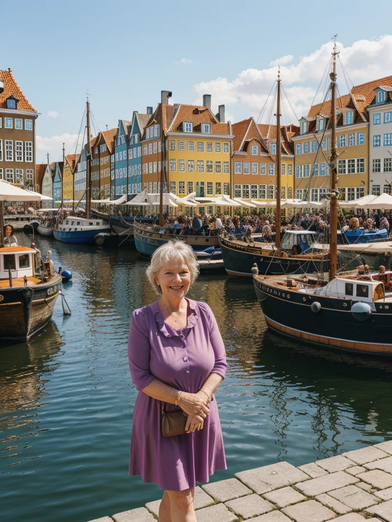Ellen Burstyn, her name is Lieke, high quality, 1 OLD WOMAN, ((50-year-old plump dutch woman)), ((55 years old)), (((wrinkled body))), ((((old body)))), milf, ((short hair)), (((no make up))), (pale skin),(large breasts), ((wide hips)), ((thick legs)), POSE: STANDING, ((she is wearing MODEST stylish Generation X wear COLORFUL)), cheerful, happy, BACKGROUND: outdoor: Nyhavn, Copenhagen: Colorful historic buildings lining a canal with old wooden ships docked alongside. Cobblestone streets and bustling outdoor cafes in the background.