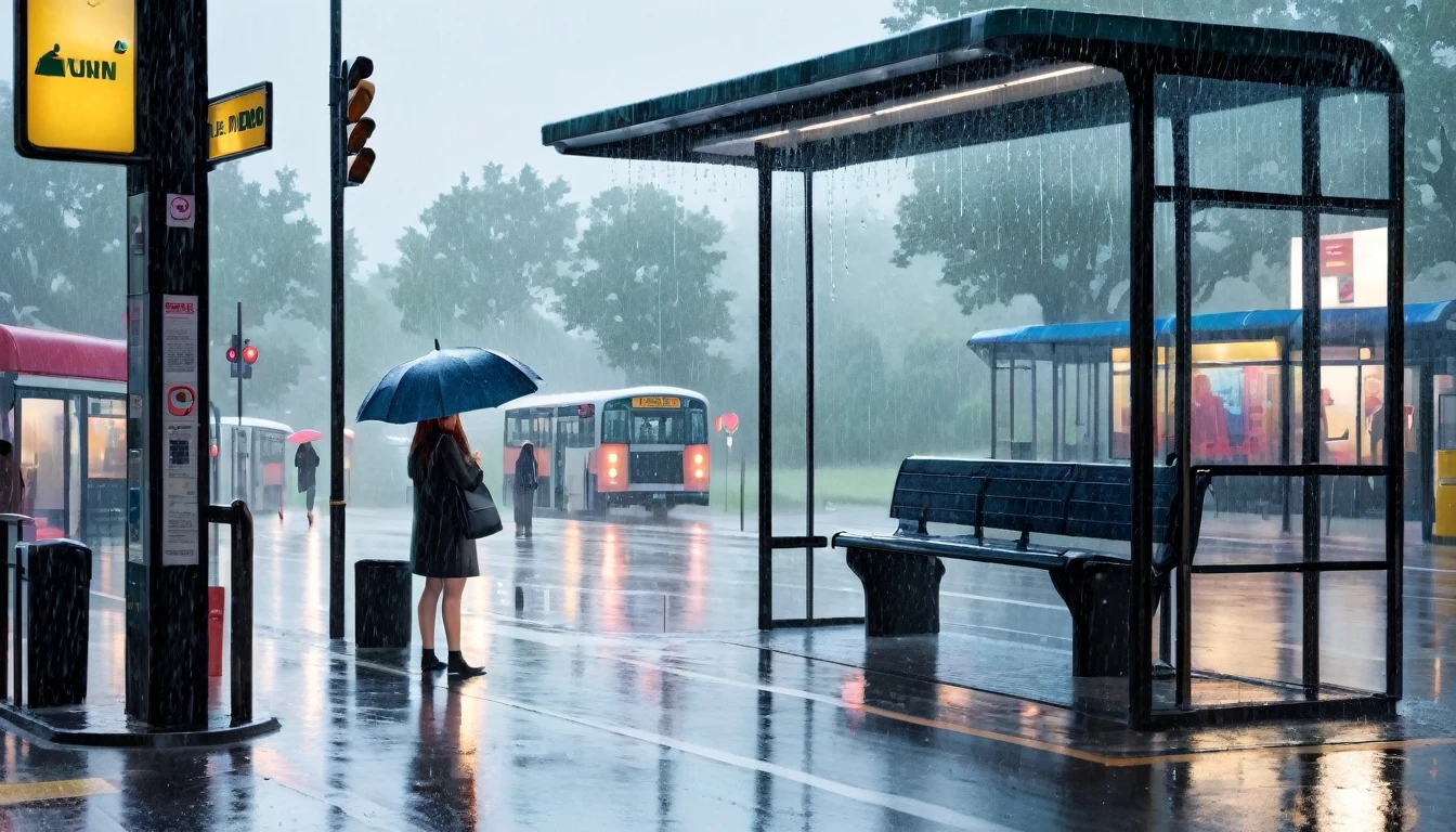 rainy day in a bus stop 