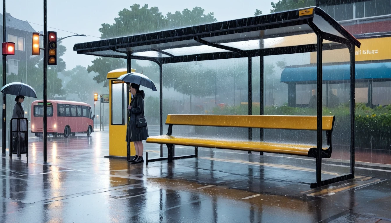 rainy day in a bus stop