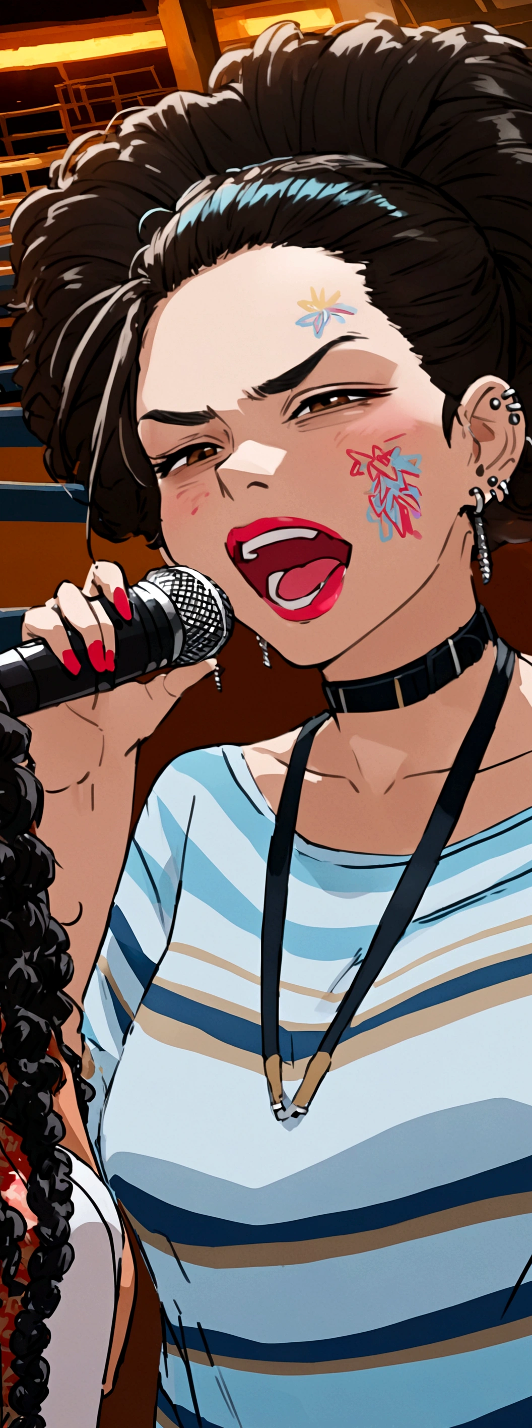 (Highest quality, sketch:1.2),Realistic,Illustrator,anime,1 person, Detailed lips,custom, Neon Gradient, Dark Background,Neon Hair,Texture Cropping, masterpiece, Style: Retro Classic, Black Style , Japanese style, ((Monochrome)),Singing in a karaoke box